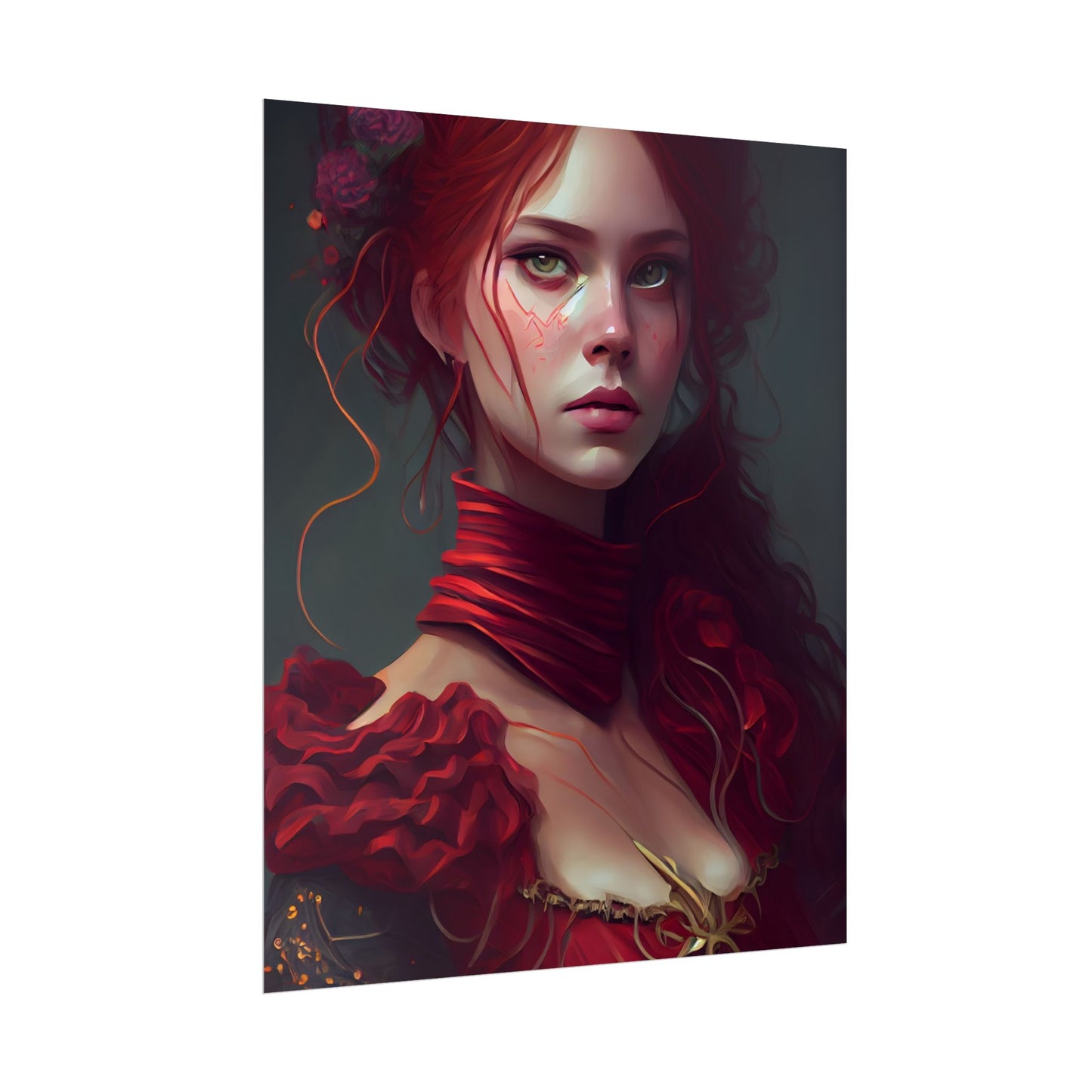 Vibrant Redhead Portrait: Female Artwork in Red Dress - Poster
