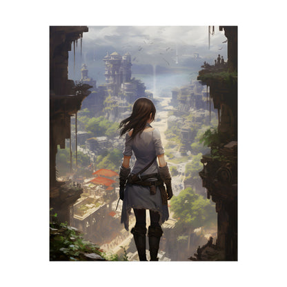 Dramatic Anime City Warrior: Bird's Eye View Digital Art - Poster