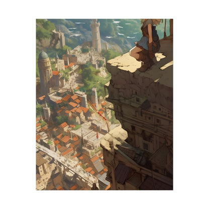 Dramatic Anime Bird's Eye View: Blonde Female in Action with Flying Birds - Poster