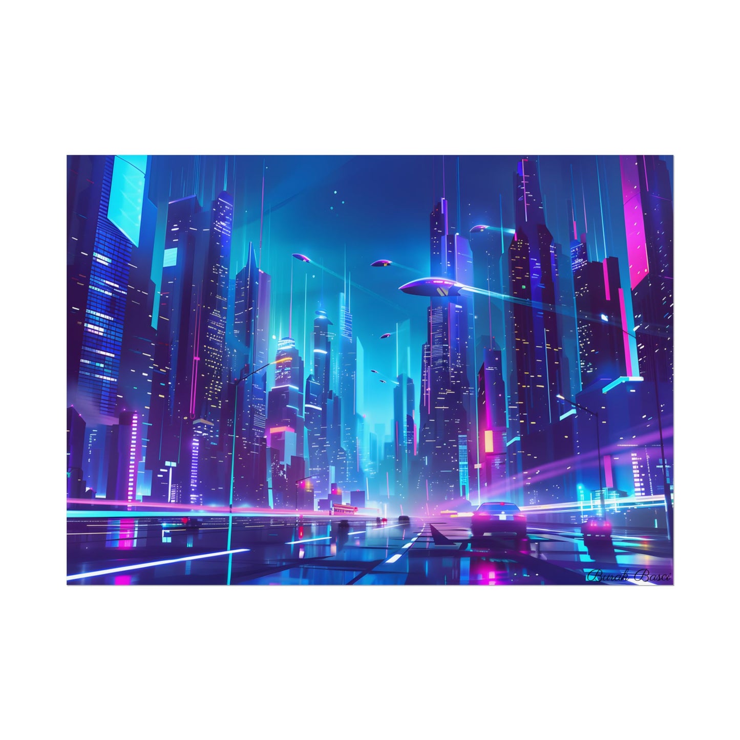 Futuristic Neon City: Towering Skyscrapers in a Vibrant Nighttime Sky - Poster