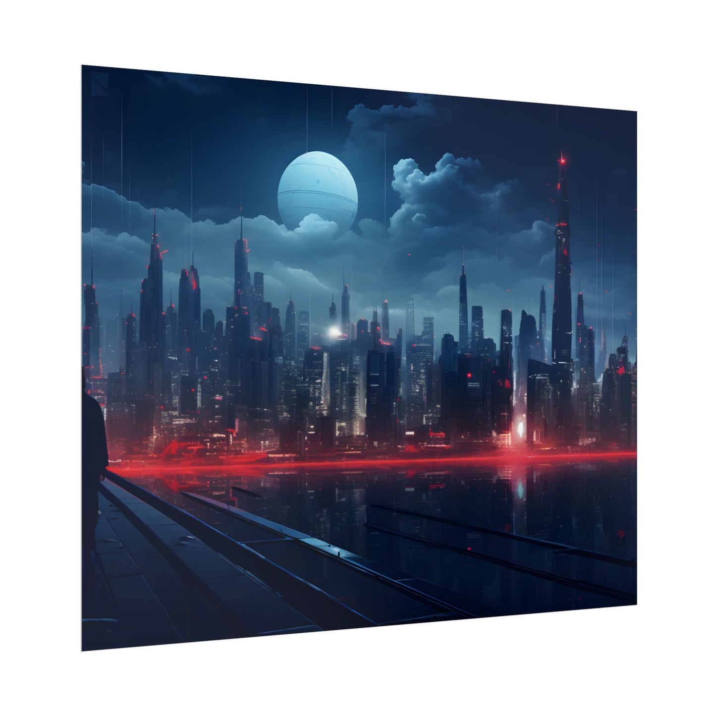 Melancholic Night: A Solo Figure in Cyberpunk Cityscape - Poster