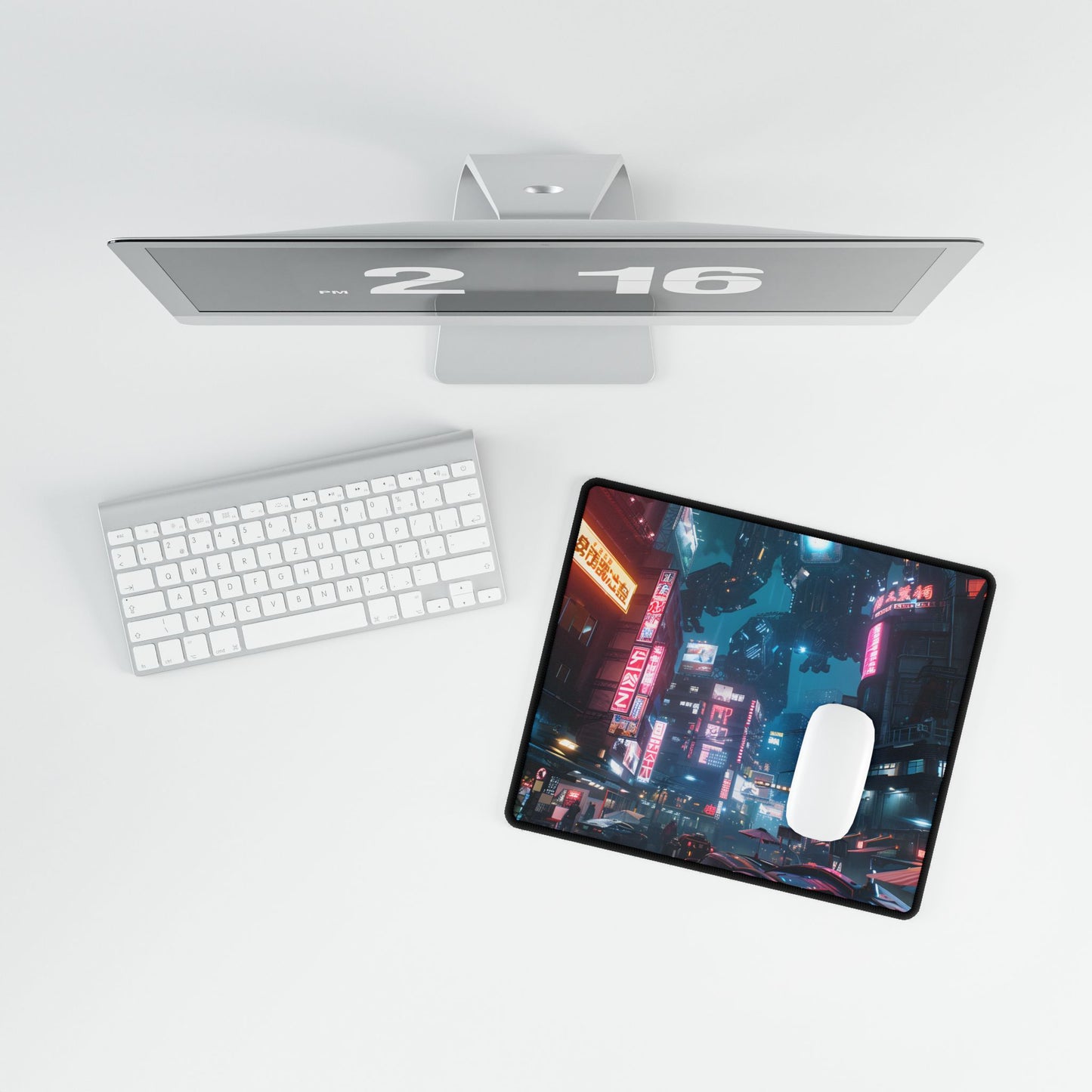 Neon City Dreams: Futuristic Urban Night - Desk Mat