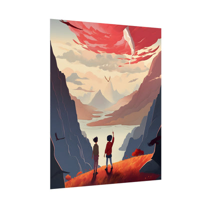 Serene Meadow Scene: Girl & Boy Under Cloudy Sky - Poster