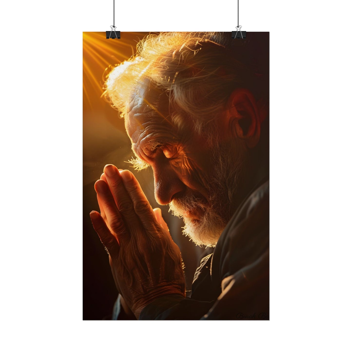 Serenity in Prayer: Elderly Man's Quiet Moment - Poster