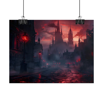 Gothic City Dusk: Pointed Arches and Misty Atmosphere - Poster