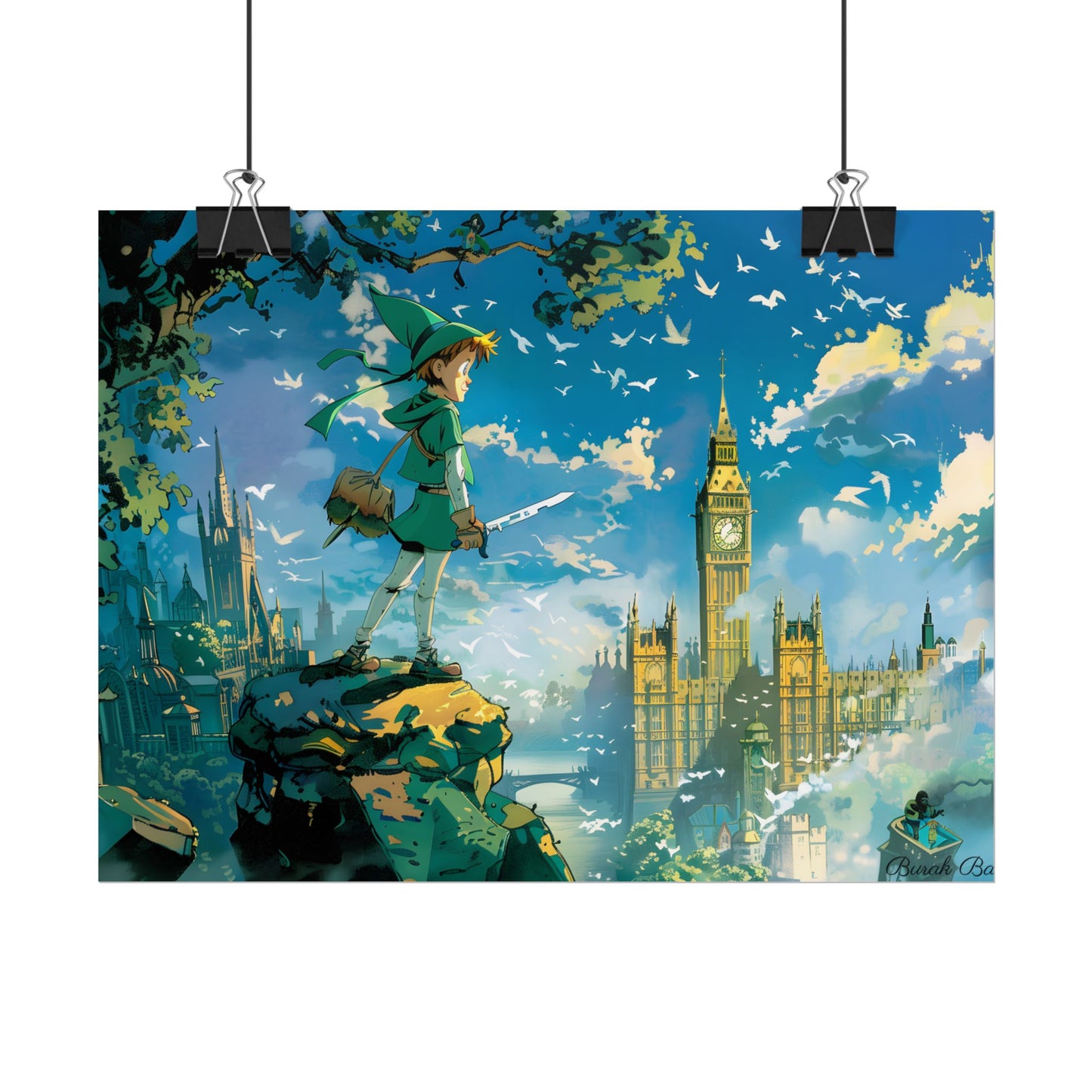 Whimsical Boy in Green: Colorful Illustration Artwork - Poster