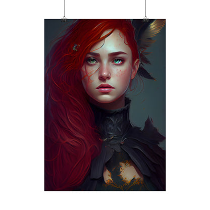 Vibrant Female Portrait: Red Hair Beauty in Neutral Dress - Poster