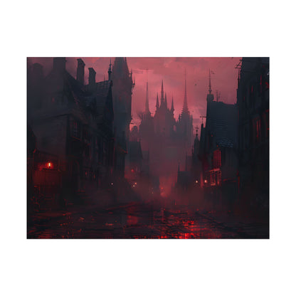 Dark Gothic Cityscape: A Serene Misty Dusk Scene - Poster