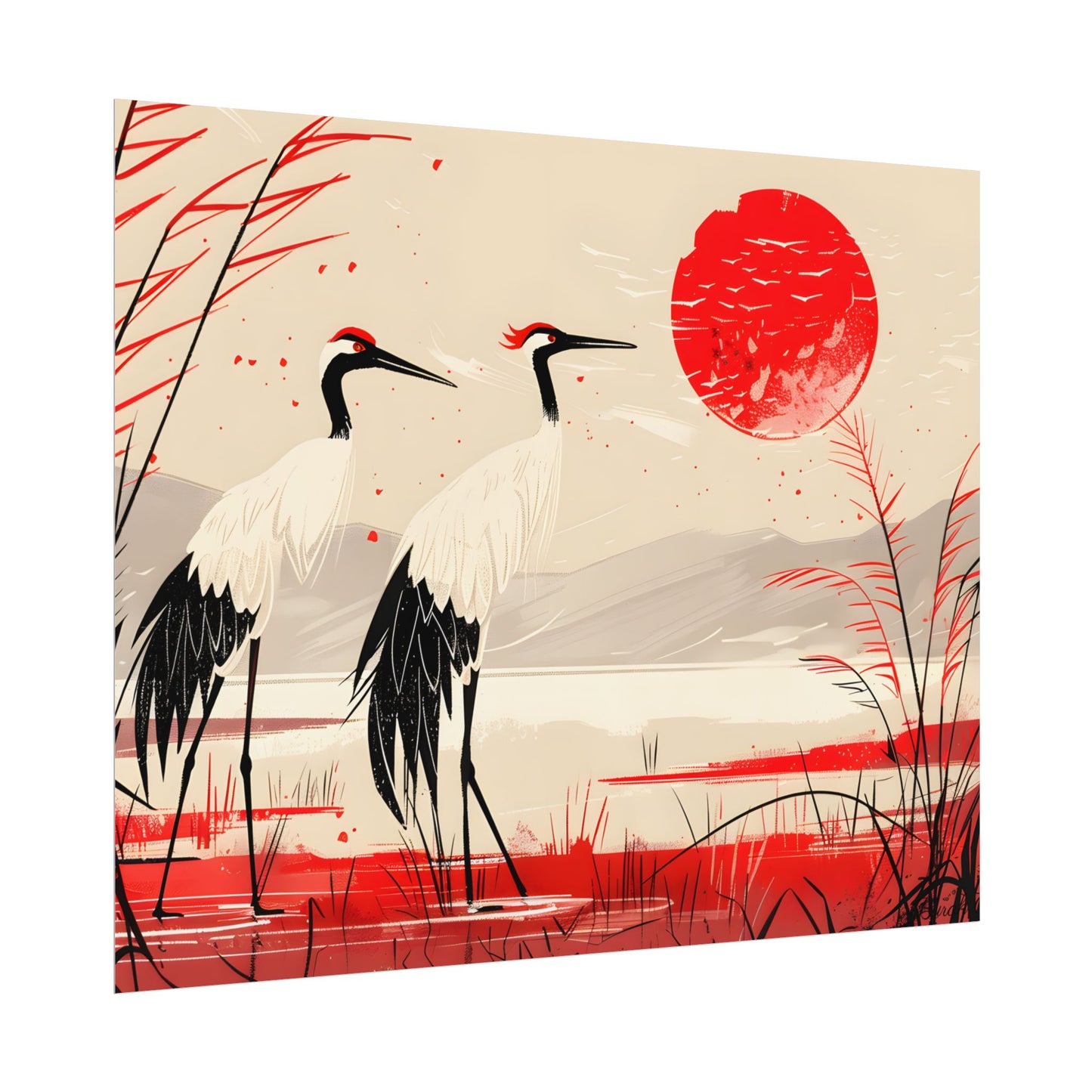 Peaceful Cranes in Serene Nature: Landscape Artwork - Poster