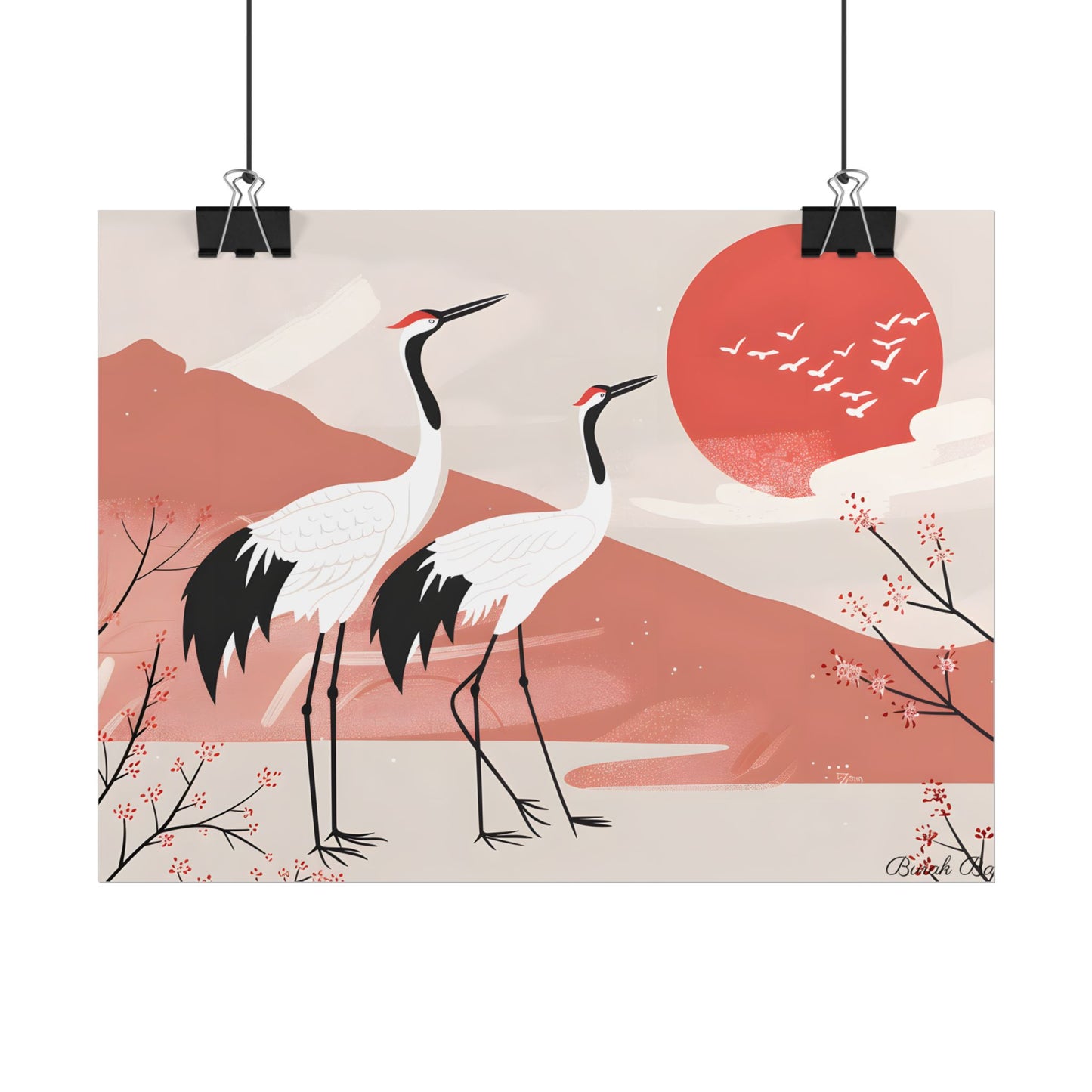Serene Landscape with Cranes: Peaceful Nature Art - Poster