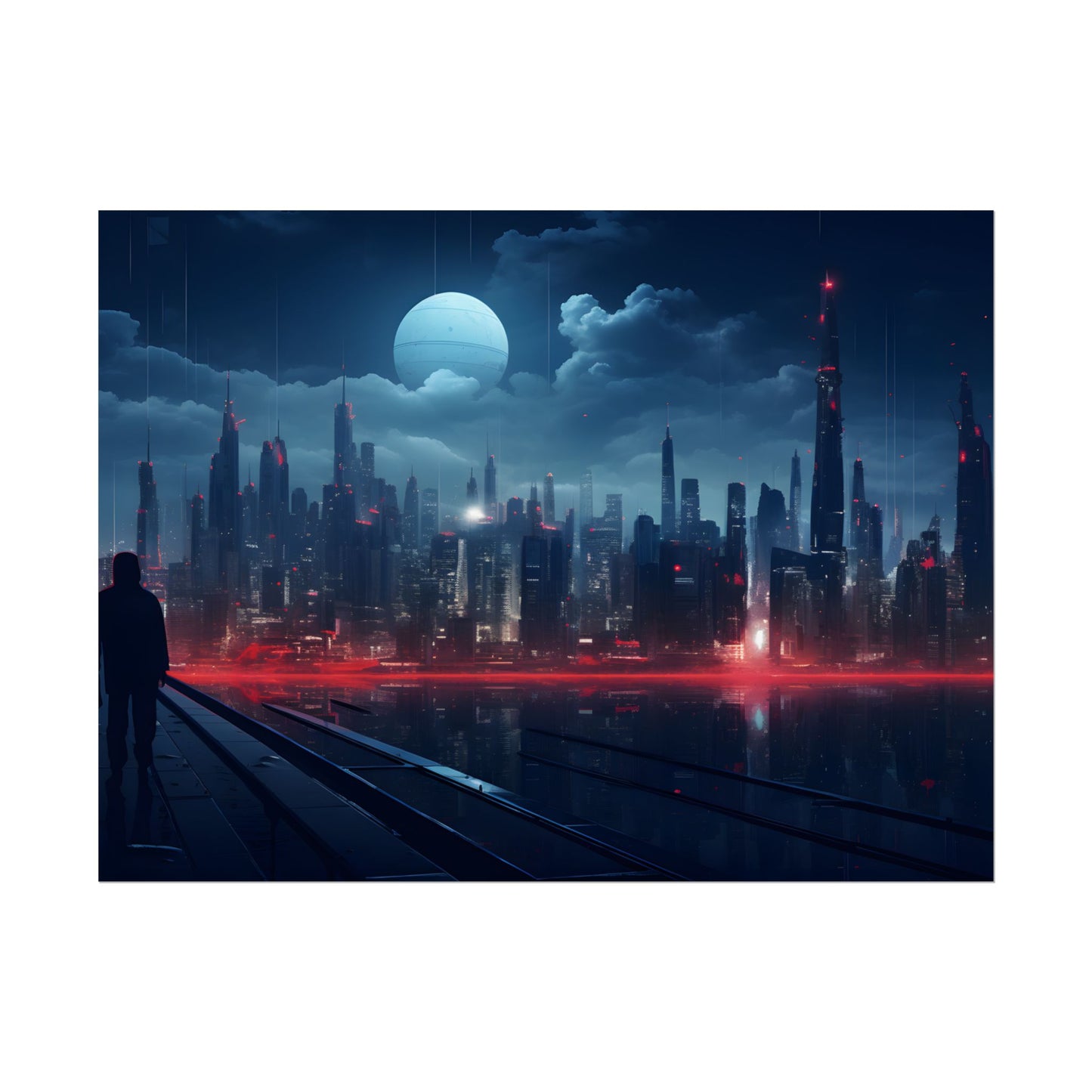 Melancholic Night: A Solo Figure in Cyberpunk Cityscape - Poster