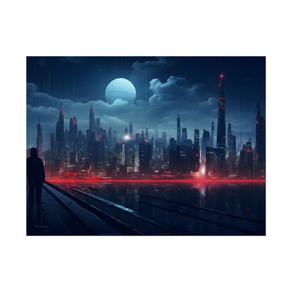 Melancholic Night: A Solo Figure in Cyberpunk Cityscape - Poster