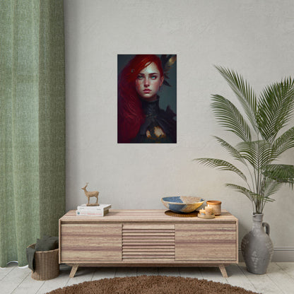 Vibrant Female Portrait: Red Hair Beauty in Neutral Dress - Poster