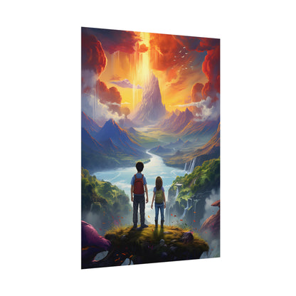 Girl, Boy, Meadow: A Peaceful Cloudy Day Artwork - Poster