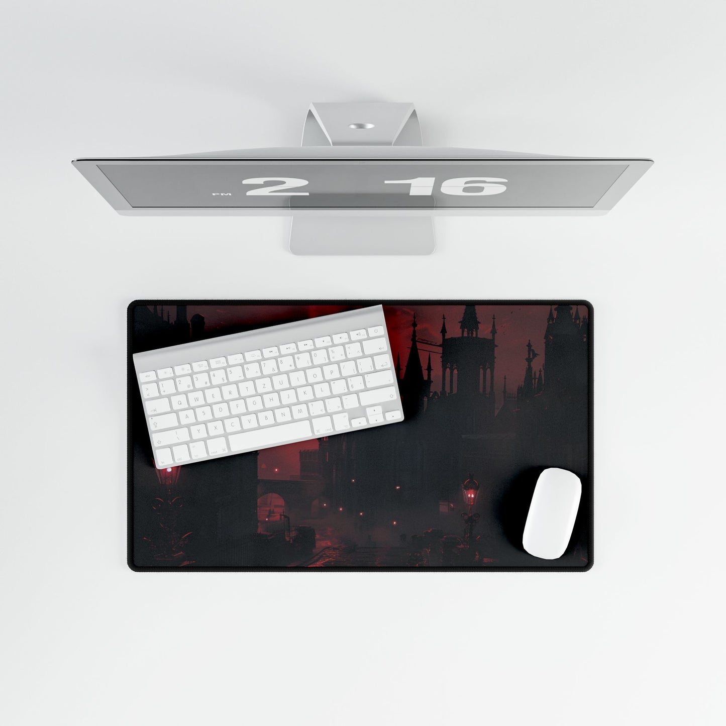 Gothic Cityscape at Dusk: Ethereal Misty Architecture Art - Desk Mat