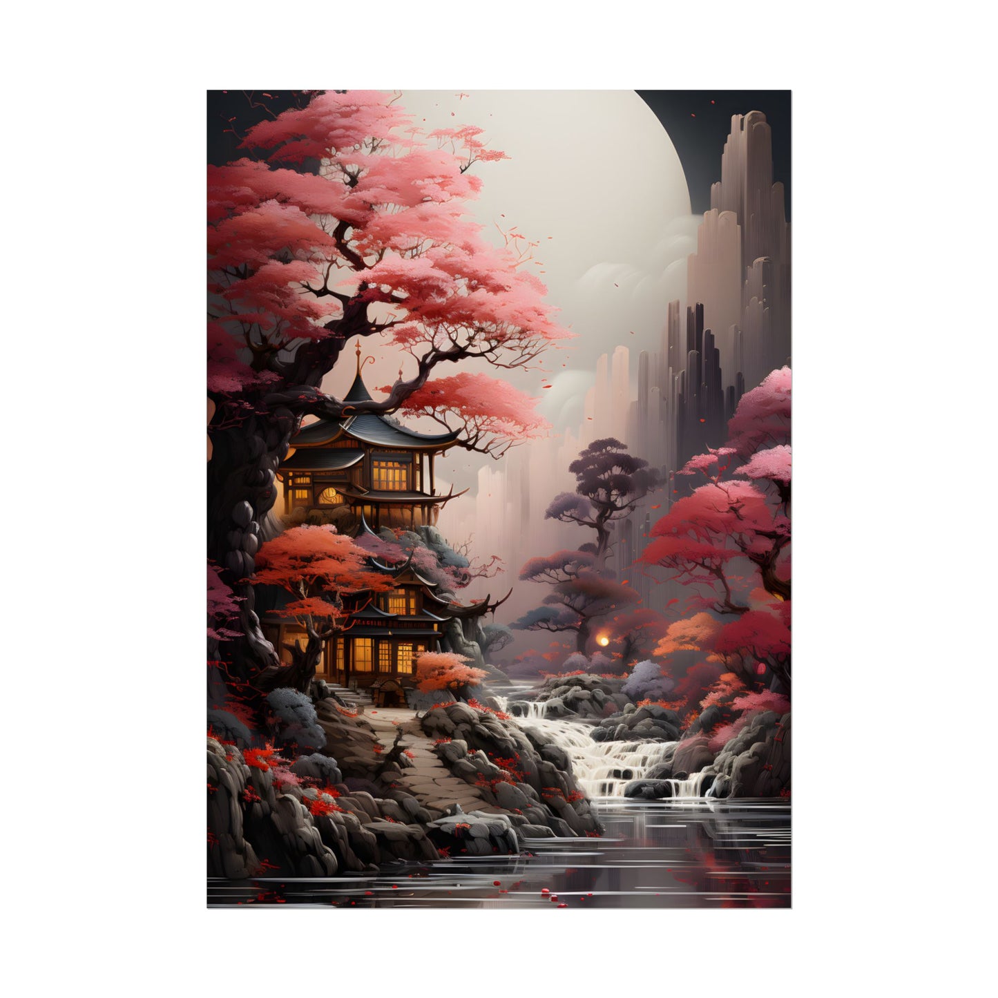 Landscape Masterpiece in Ash Magenta and Moss Green: Serene Nature Artwork - Poster