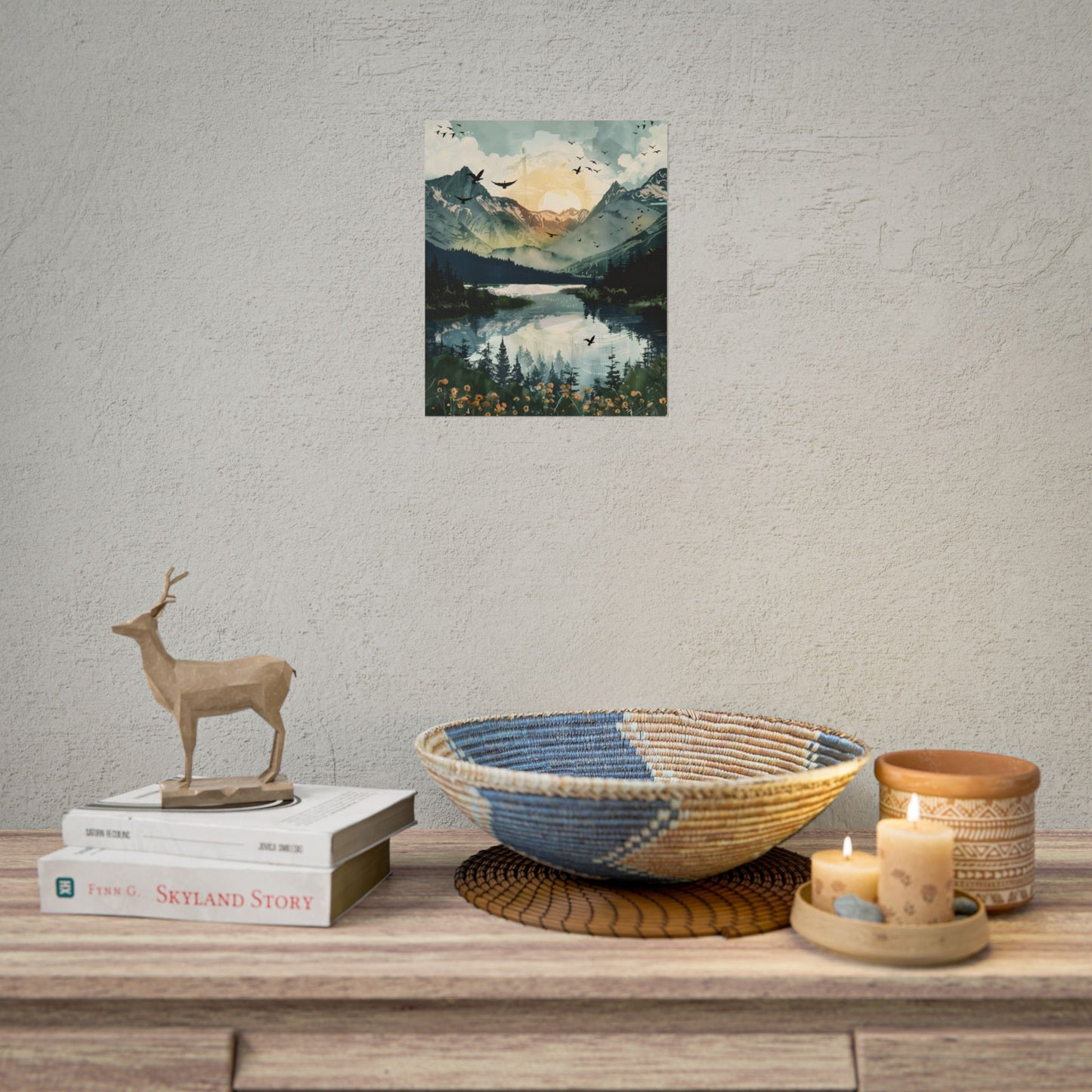 Serene Mountain Lake: Birds in Flight - Natural Art - Poster