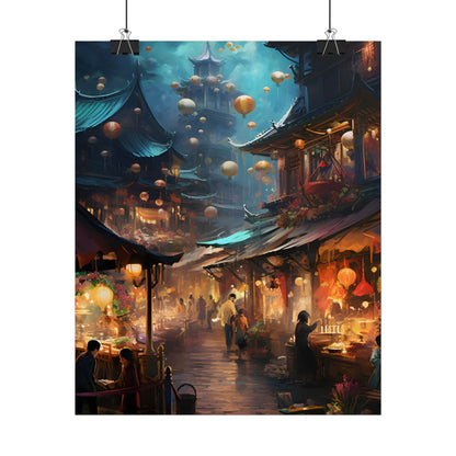 Enchanted Street Food Market: Vibrant Evening Artwork - Poster
