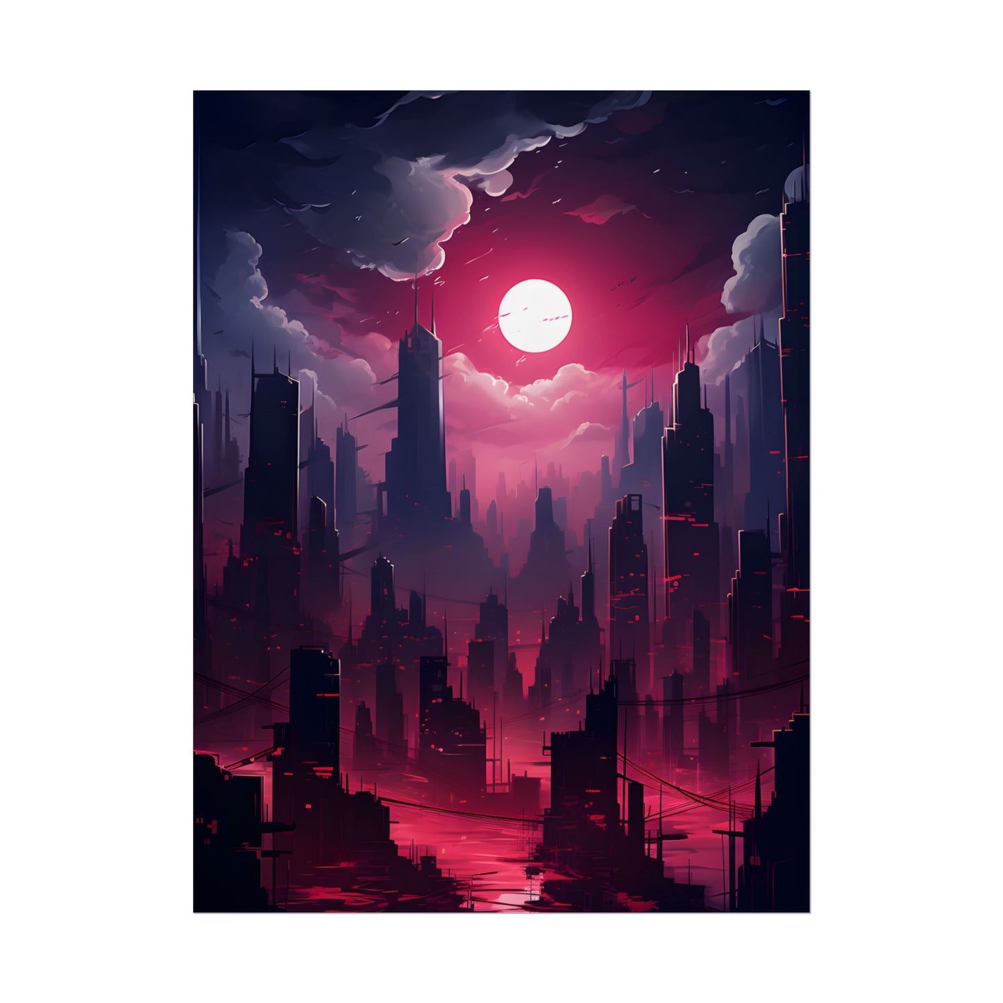 Burning Cyberpunk Cityscape: Digital Artwork at Night - Poster