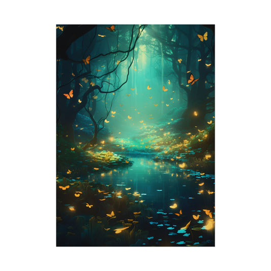 Enchanted Night Forest: Foggy Fantasy Landscape with Bokeh Lights - Poster