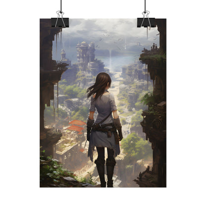 Dramatic Anime City Warrior: Bird's Eye View Digital Art - Poster