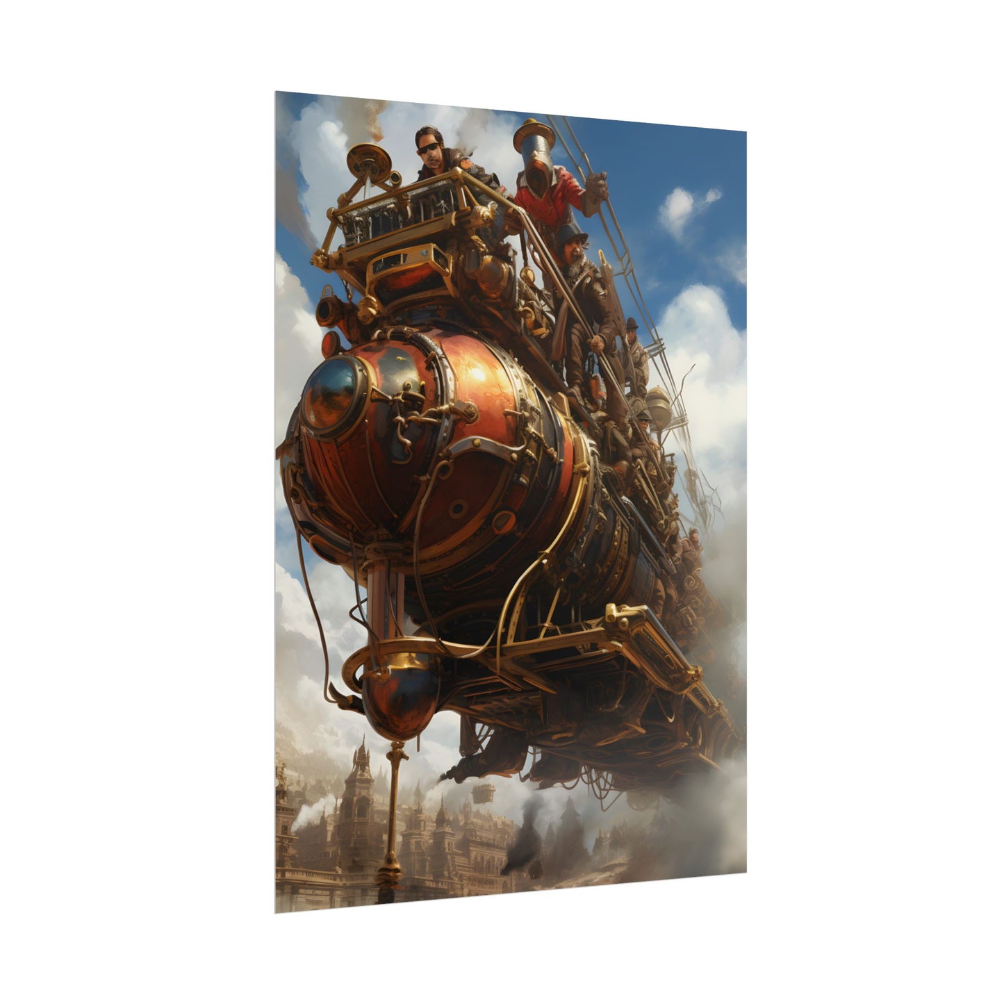 Thrilling Steampunk Sky-Liner: Racing Steam Locomotive on Colum - Poster