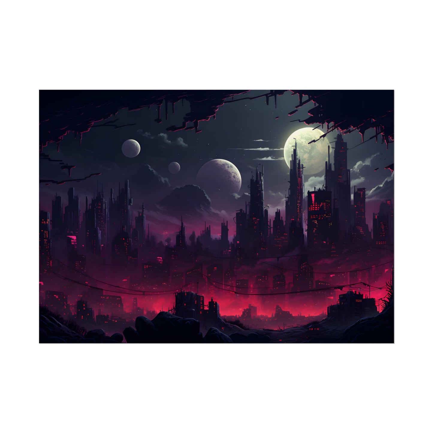 Burning Cyberpunk Cityscape at Night: Digital Art - Poster