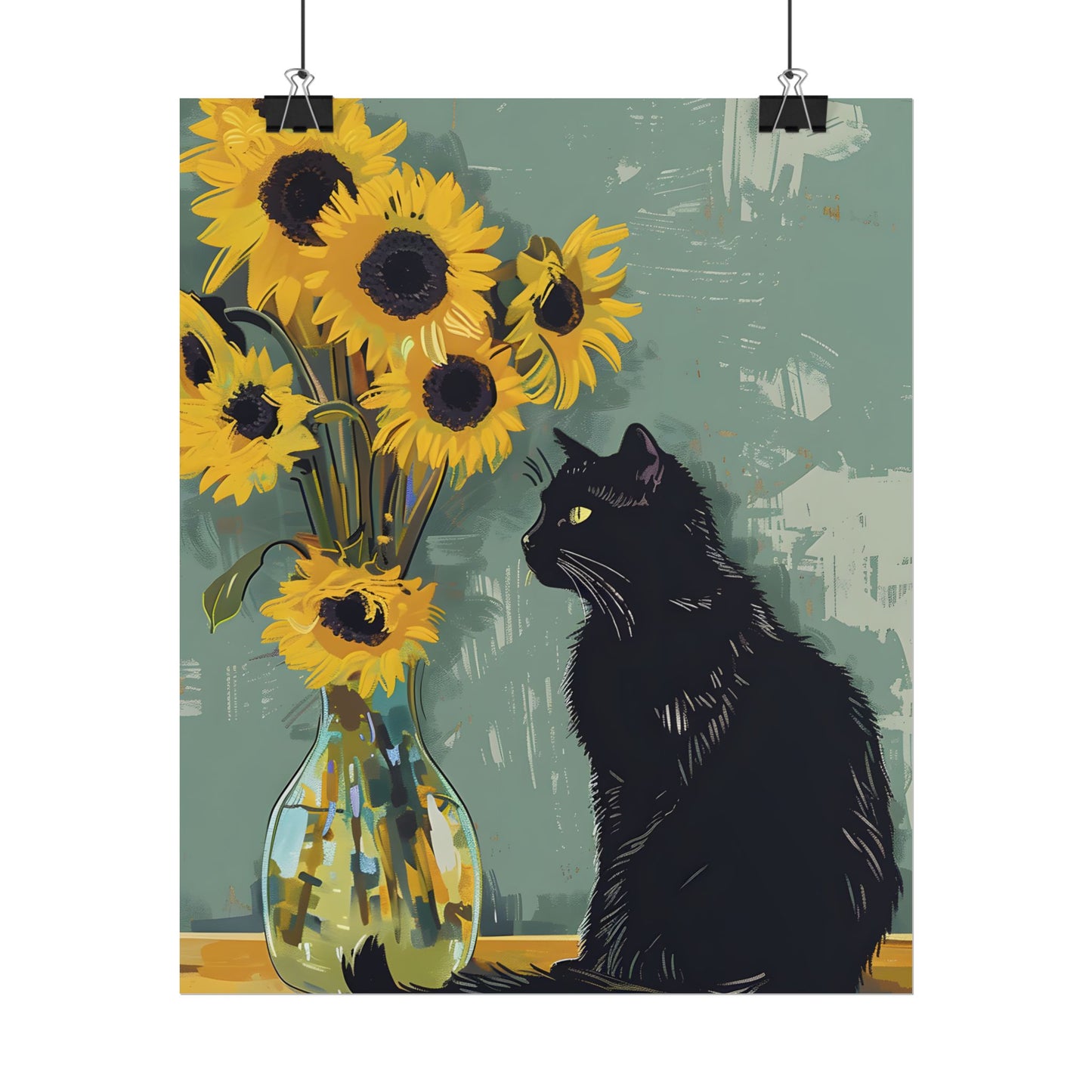 Whispers in the Sun: A Black Cat's Serene Moment with Sunflowers - Poster