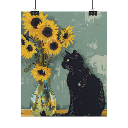 Whispers in the Sun: A Black Cat's Serene Moment with Sunflowers - Poster