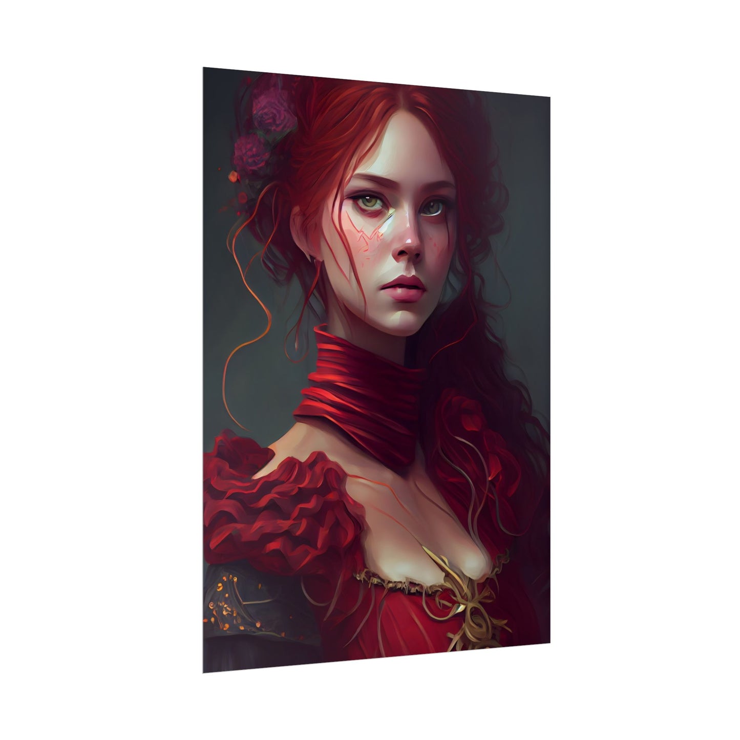 Vibrant Redhead Portrait: Female Artwork in Red Dress - Poster