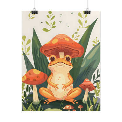 Retro Whimsy: Frog & Mushrooms in Close-Up Charm - Poster