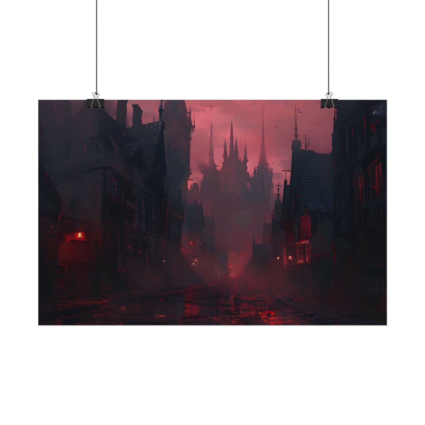 Dark Gothic Cityscape: A Serene Misty Dusk Scene - Poster