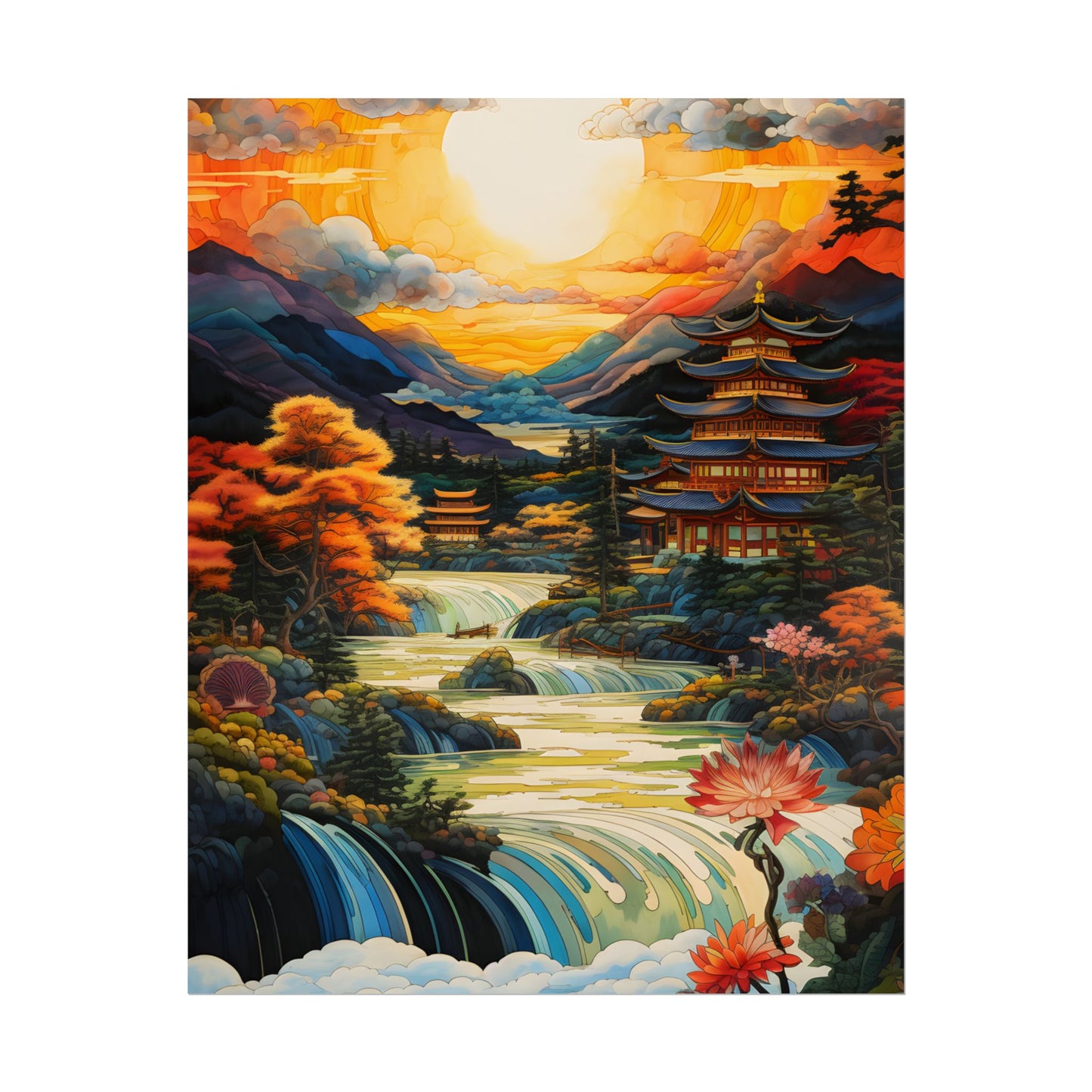 Peaceful Japanese River Landscape with Flowers: Serene Artwork - Poster