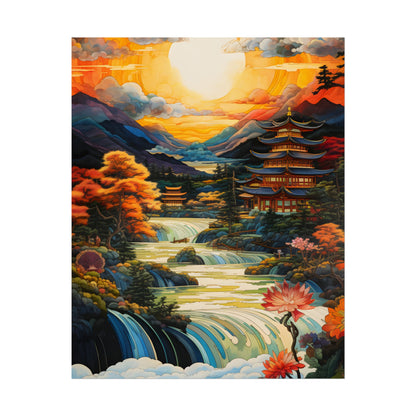 Peaceful Japanese River Landscape with Flowers: Serene Artwork - Poster