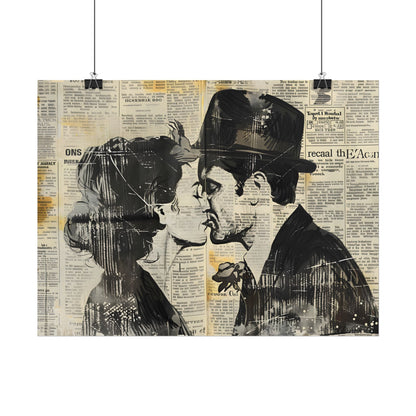 Vintage Romance Couples: Newsprint Artwork - Intimate Moments - Poster