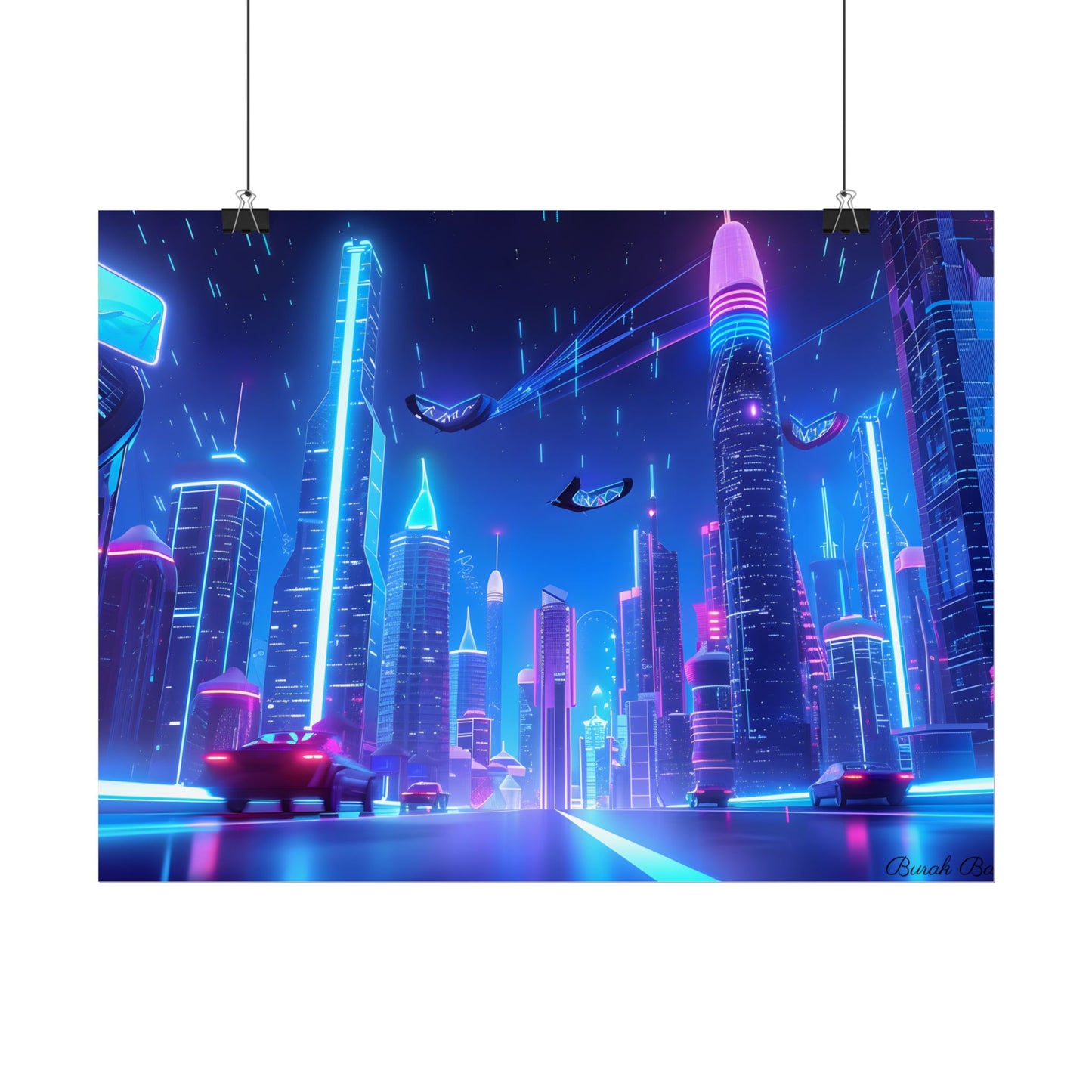 Vibrant Futuristic Cityscape: Neon Lights at Night Digital Artwork - Poster