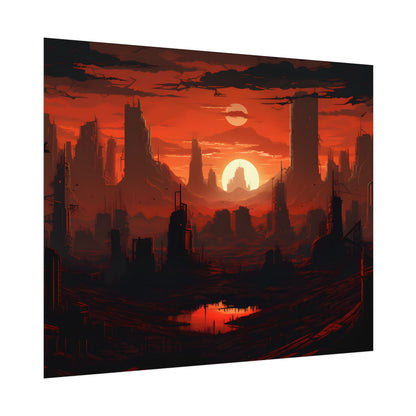 Cyberpunk Nighttime Cityscape: Burning City Digital Art - Poster