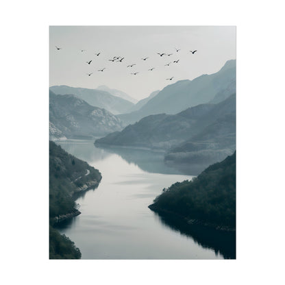 Peaceful Mountain Oasis: Serene Birds Eye View Artwork - Poster