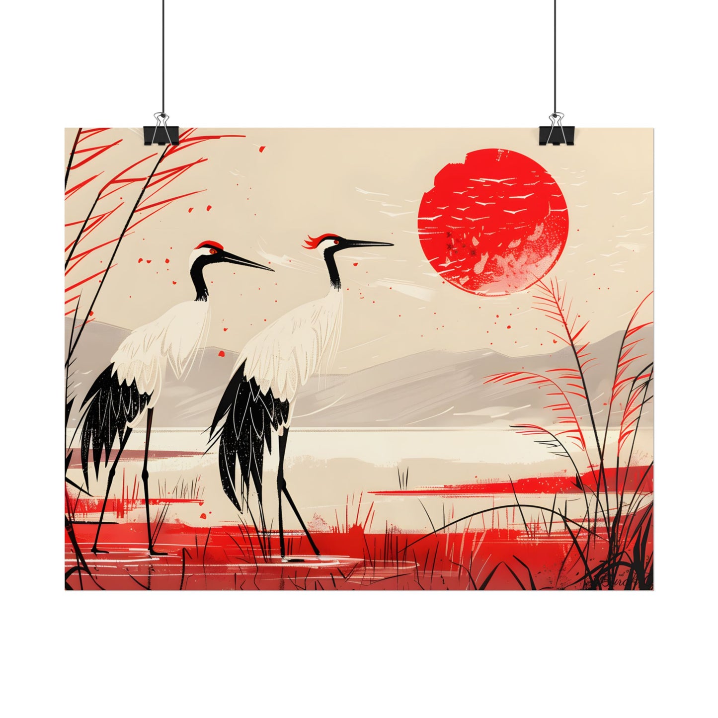 Peaceful Cranes in Serene Nature: Landscape Artwork - Poster