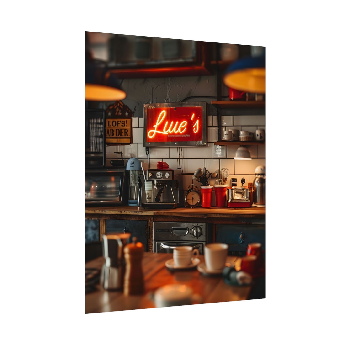 Cozy Retro Kitchen Artwork: Lukes Diner Sign Digital Art - Poster