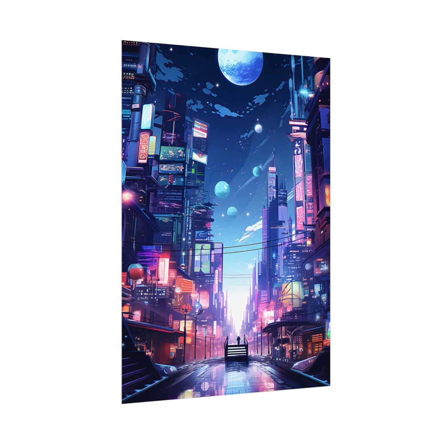 Melancholic Night in Cyberpunk City: Urban Landscape Art - Poster
