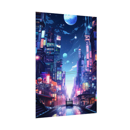 Melancholic Night in Cyberpunk City: Urban Landscape Art - Poster