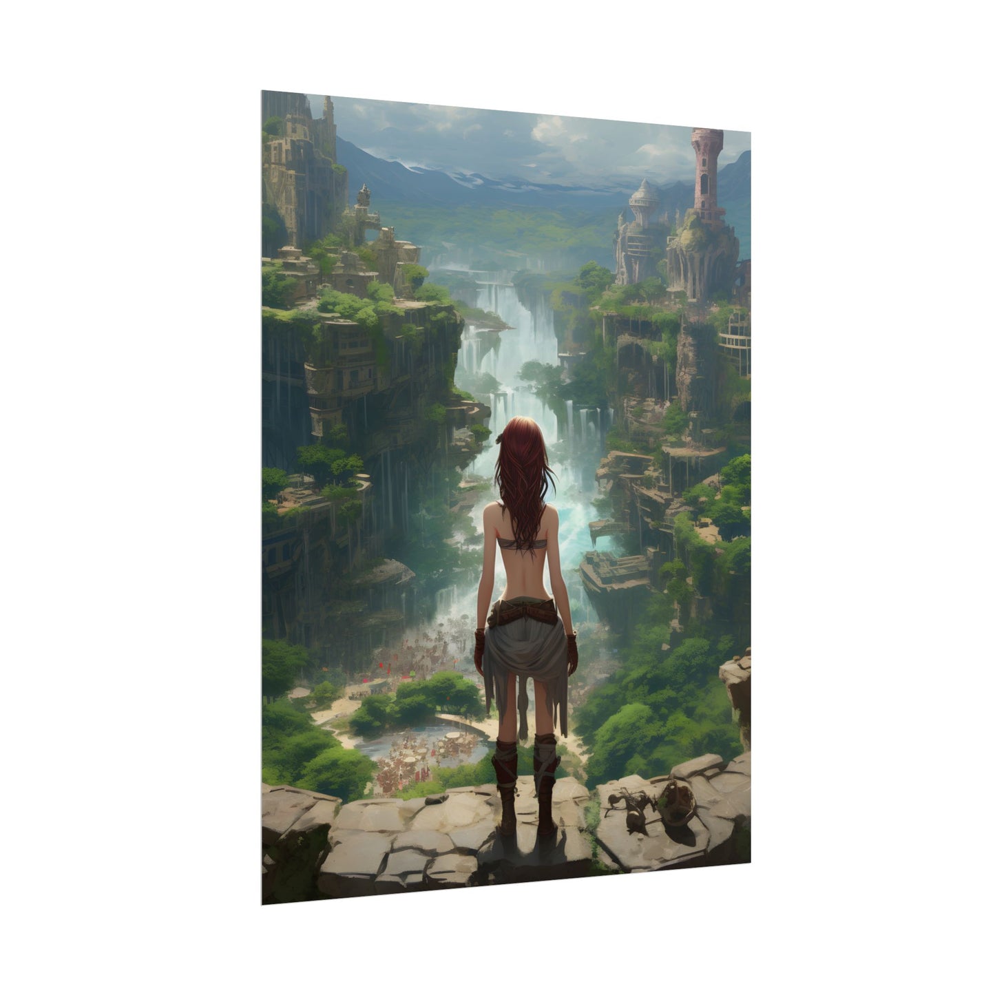 Dramatic Birds Eye View: Red Haired Anime Girl in Urban Landscape - Poster