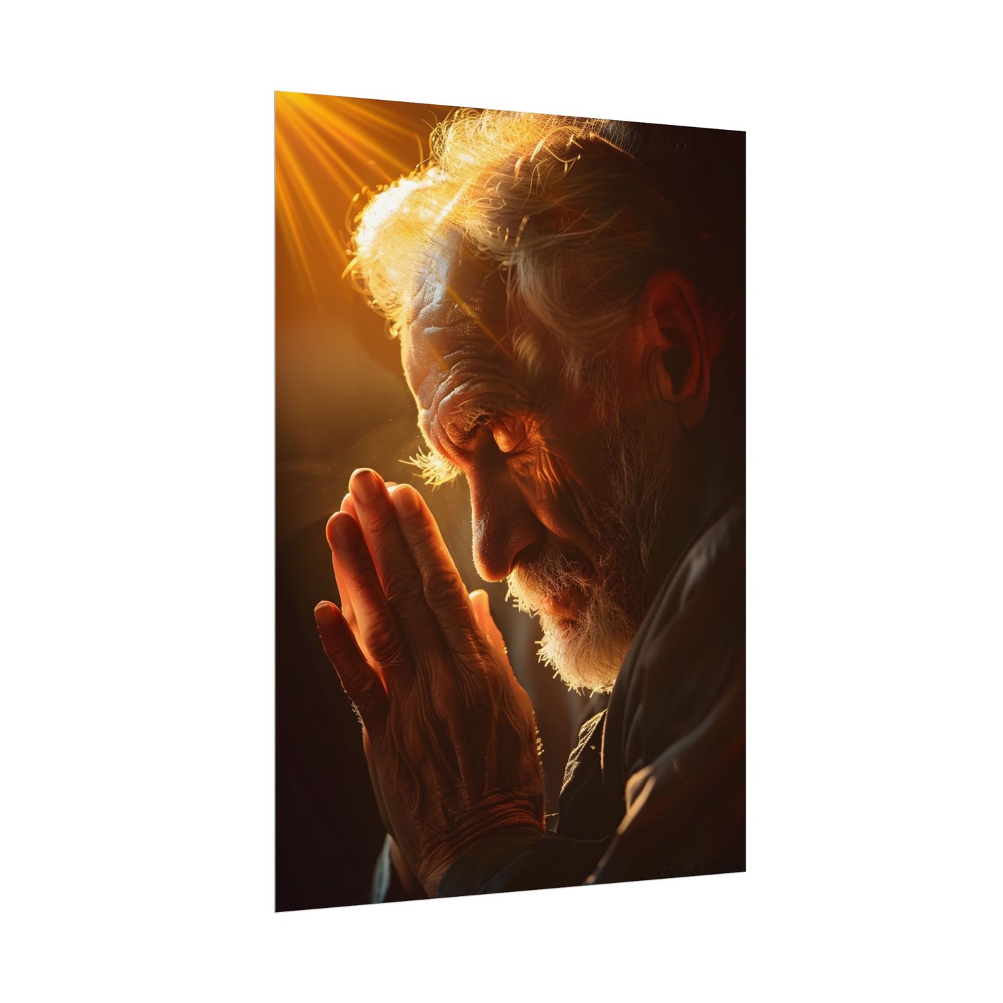 Serenity in Prayer: Elderly Man's Quiet Moment - Poster