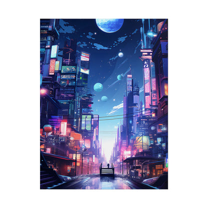 Melancholic Night in Cyberpunk City: Urban Landscape Art - Poster