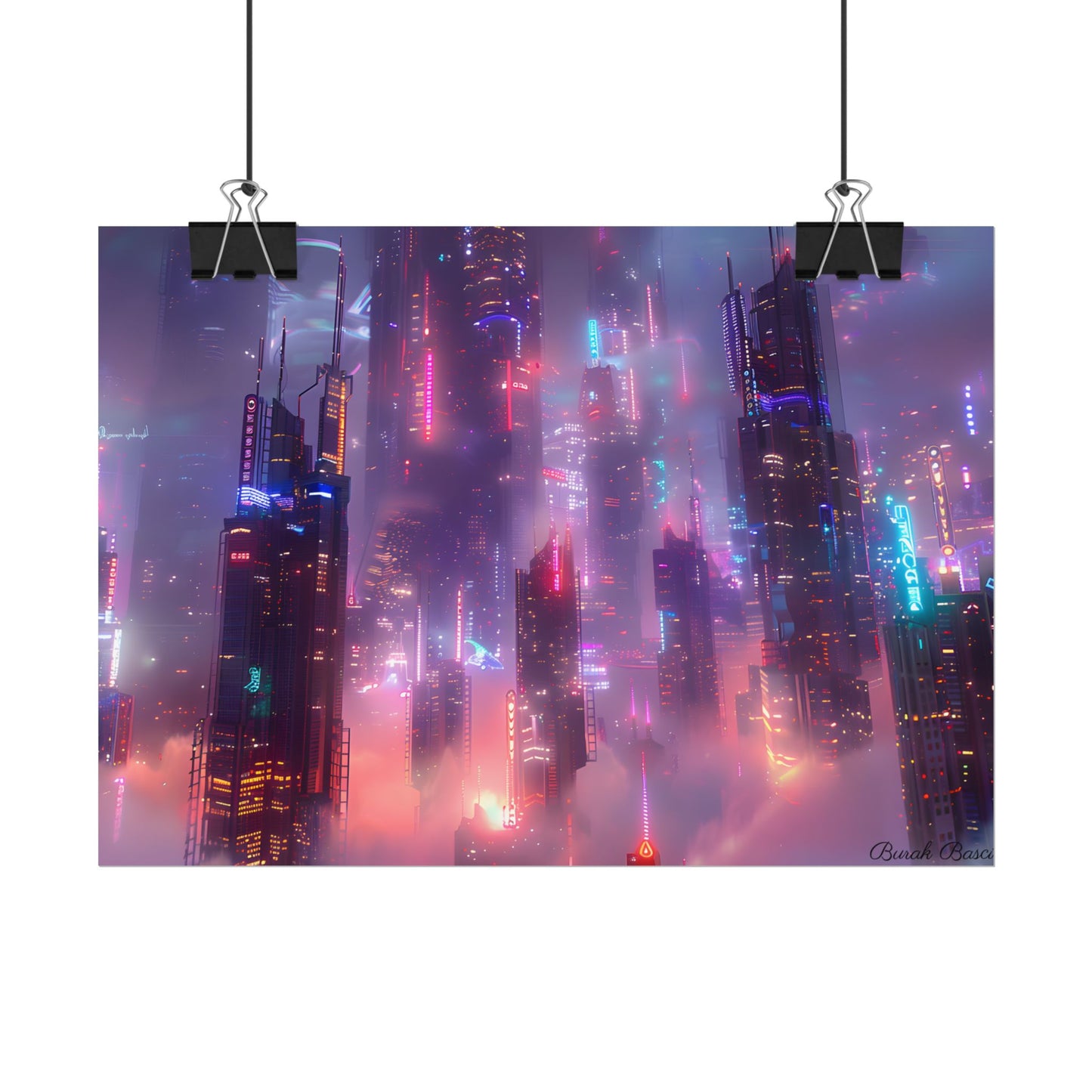 Neon Futuristic Cityscape: Graphic Modern Art - Poster