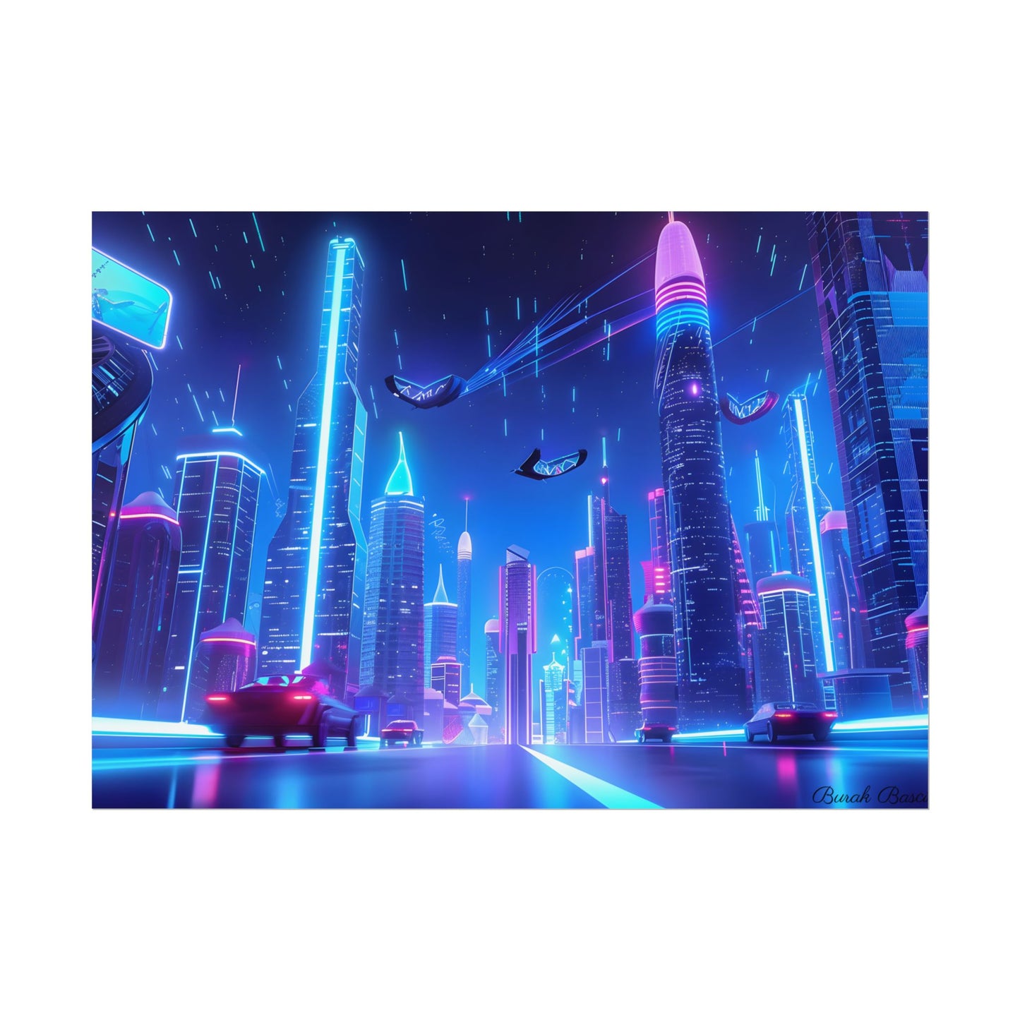 Vibrant Futuristic Cityscape: Neon Lights at Night Digital Artwork - Poster