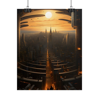 Dystopian Utopia: Futuristic Cityscape with Dark Facade - Poster