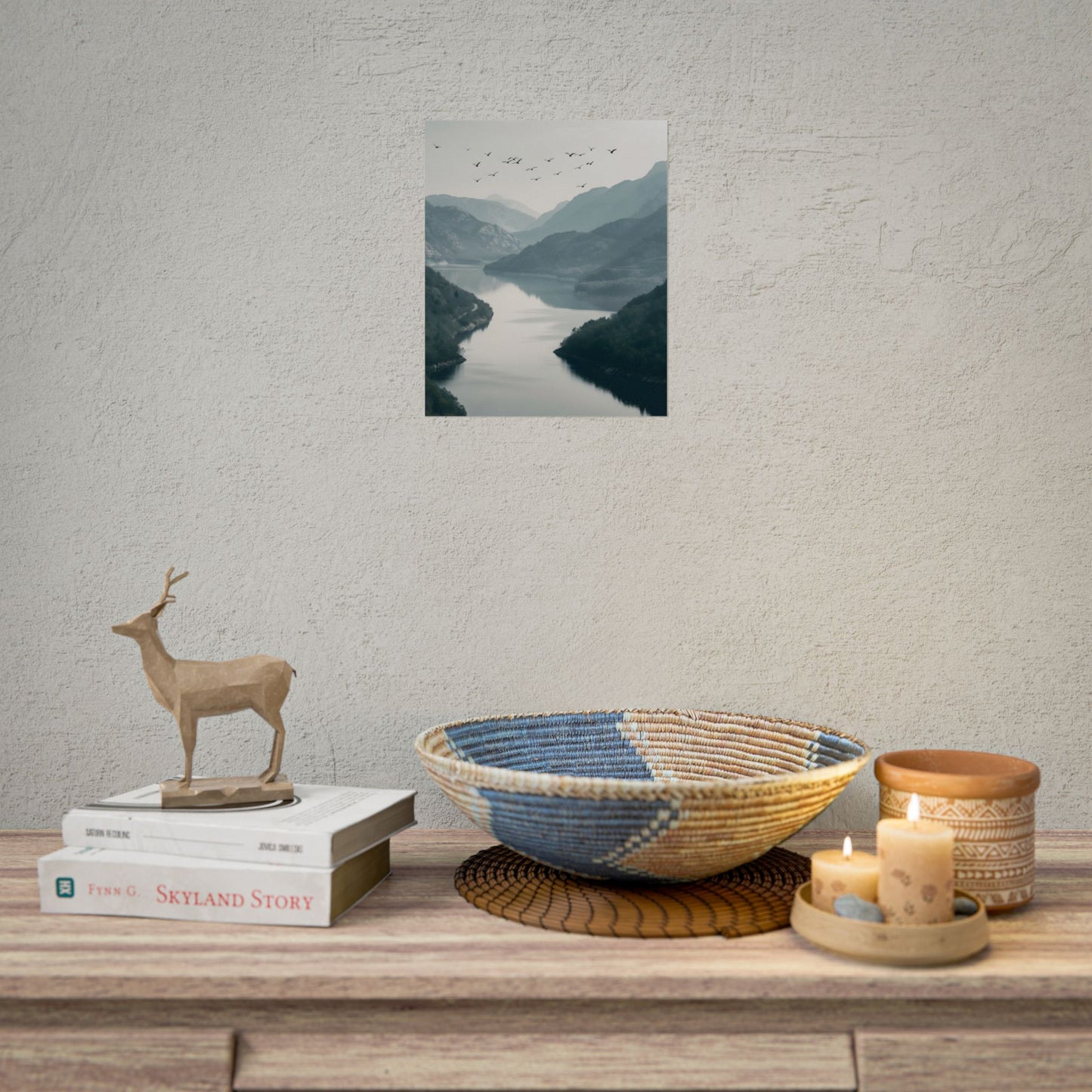 Peaceful Mountain Oasis: Serene Birds Eye View Artwork - Poster