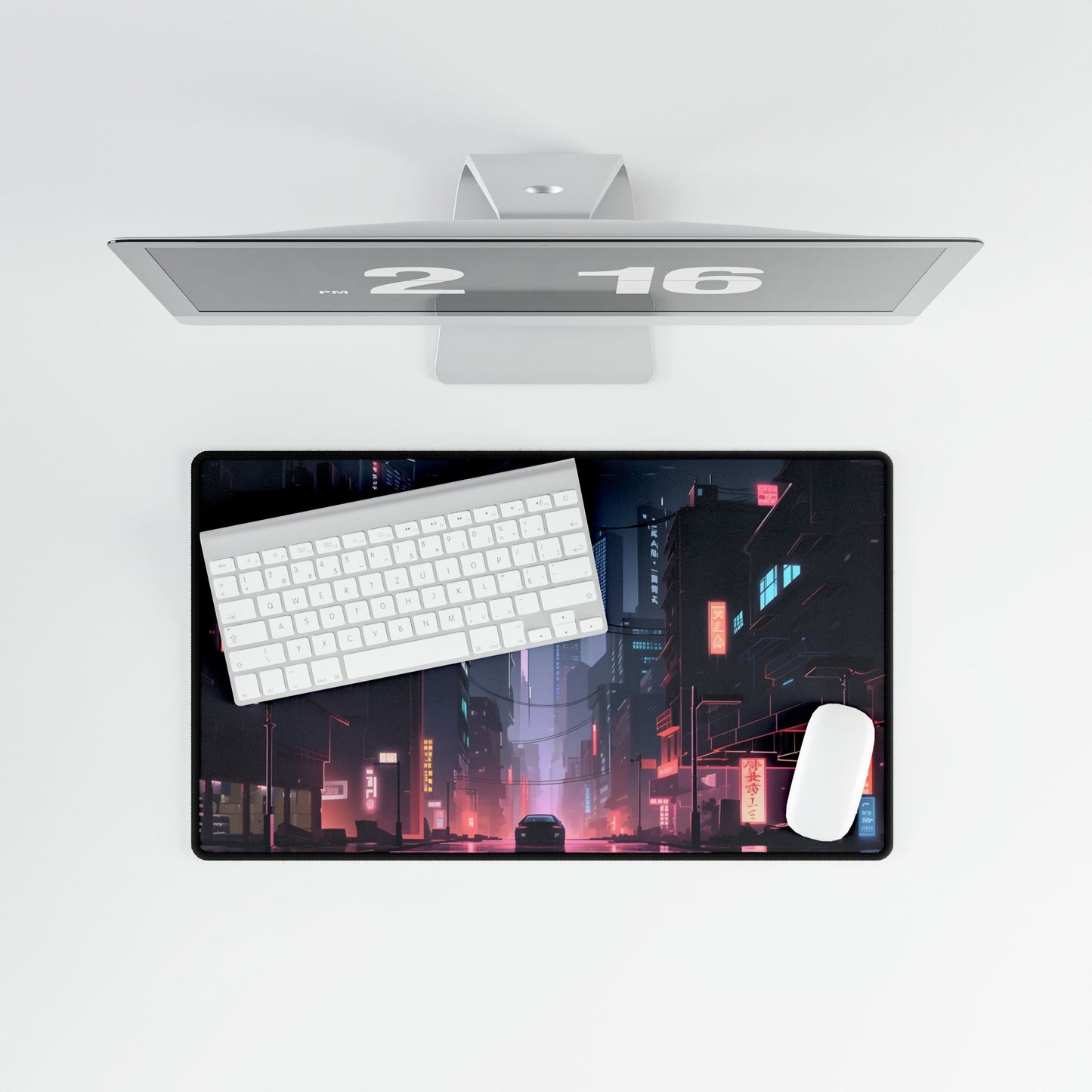 Cyberpunk Night: Melancholic Urban Landscape Artwork - Desk Mat